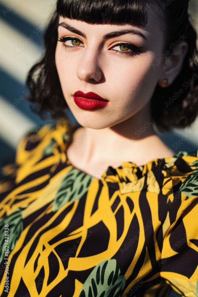 Poster Portrait of a Woman with Bold Makeup in a Colorful Tropical Dress, Ideal for Fashion and Beauty Promotion