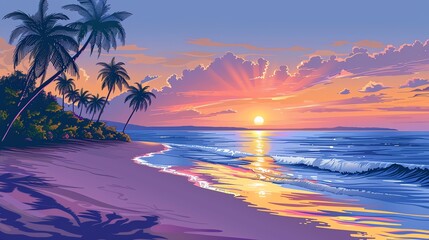 A colorful illustration of a sunset over a tropical beach.