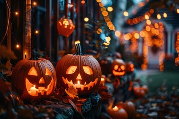 A row of pumpkins with their faces lit up, creating a spooky