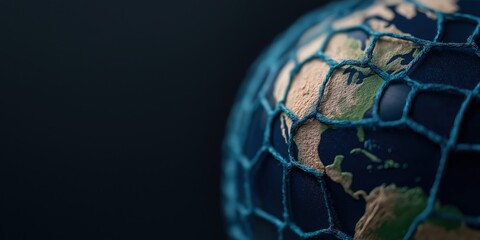 A globe model intricately wrapped with netting design illustrates the idea of global network, connectivity, and the complex web of international relations.