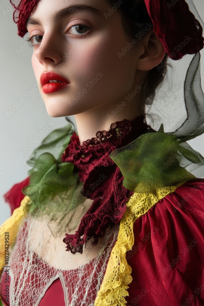 Poster Elegant Portrait: A close-up of a model in rich burgundy and green attire, showcasing intricate details ideal for fashion projects.