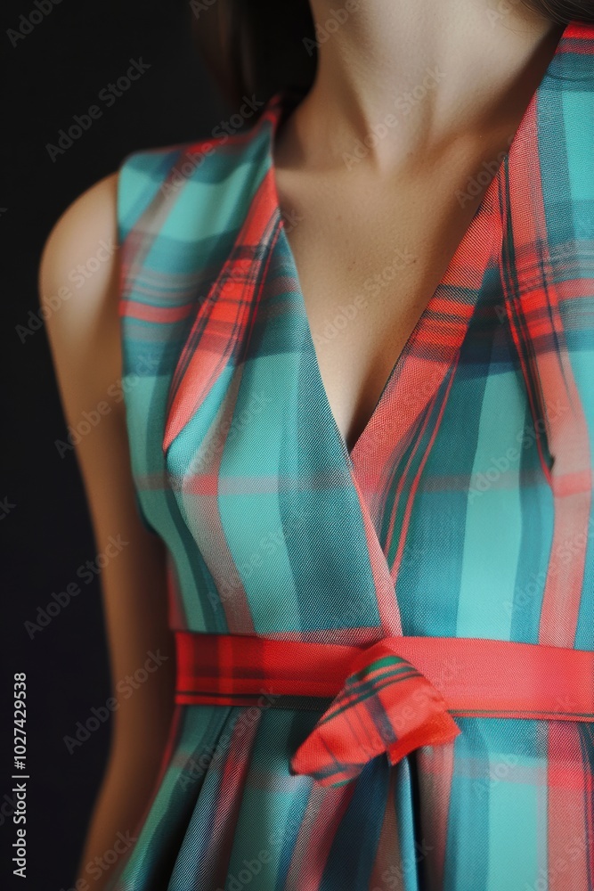 Poster Chic Fashion: A close-up of a model wearing a stylish plaid dress in turquoise and red, perfect for fashion showcases or marketing.