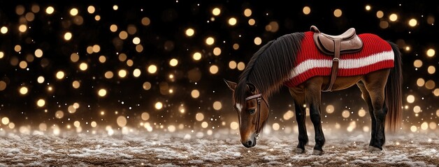 A charming little horse warmly dressed in a red and white striped sweater stands amidst falling snow with twinkling lights in the background