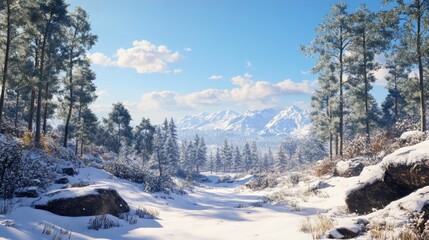A stunning snow-covered forest with a clear blue sky and distant mountains, creating a calm and peaceful winter atmosphere