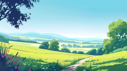 Naklejka premium A winding path through a grassy field with rolling hills and a blue sky.