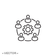 gear with teamwork icon, company development, people group council, enterprise workflow, collaboration or partnership in an organization, thin line symbol isolated on white background, eps 10 vector