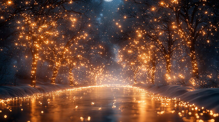 Naklejka premium golden pathway illuminated by myriad lights winding through snowy forest under a calm winter night