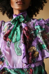 Obraz premium Fashion Portrait: Model in a Colorful Floral Dress with Green Accents Against a Neutral Background, Perfect for Style and Trend Inspiration