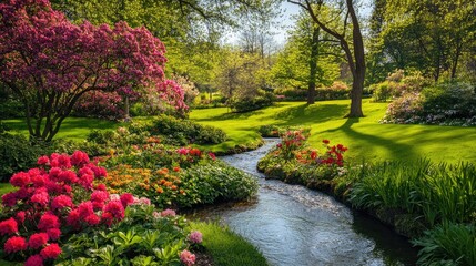 A tranquil spring garden with vibrant flowers, blossoming trees, and a peaceful stream running through the lush landscape