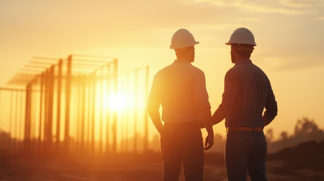 Architect and Engineer at Construction Site During Sunset