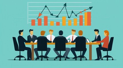 Minimal team discussion, business planning, growth, flat vector art