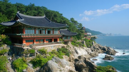 Scenic Coastal Temple with Clear Blue Sky and Ocean