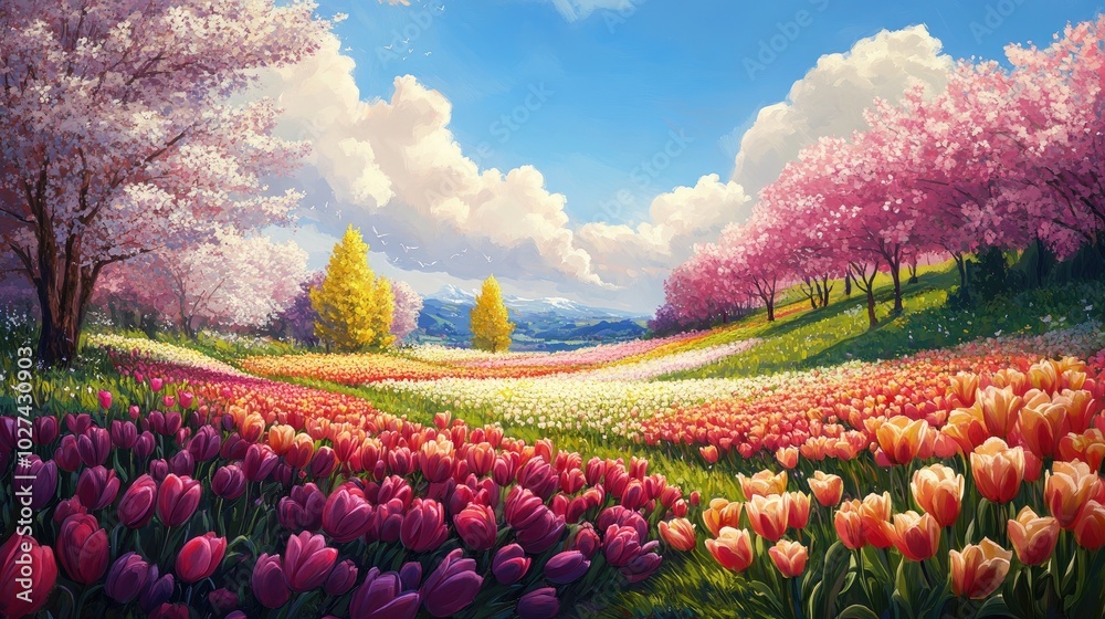 Wall mural a vibrant spring landscape with colorful tulip fields, blooming trees, and a bright, clear sky creat