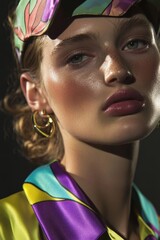 Fototapeta premium Stylish Portrait: A close-up of a model with bold makeup, colorful accessories, and vibrant clothing, ideal for fashion or beauty content.