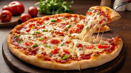 A delicious pizza with melted cheese, red sauce, and fresh toppings. The pizza is being lifted with a spatula, revealing the gooey cheese inside.