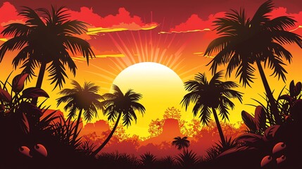 An illustration of a tropical sunset with palm trees.