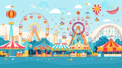 A colorful illustration of a carnival or amusement park with a Ferris wheel and other rides.