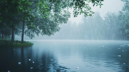 Beautiful rainy day scene with a calm lake reflecting raindrops, surrounded by green trees and a misty horizon