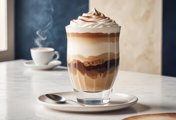 Cup of cappuccino with chocolate in the soft background