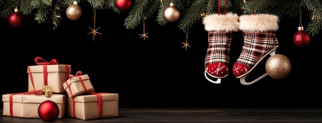 Plaid ice skates adorned with fur trim hang gracefully on a tree, featuring festive red and gold glittering accents for a joyful Christmas
