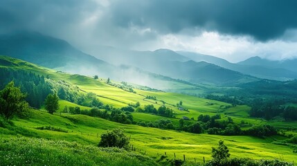 Obraz premium Lush green fields under a light rain, with misty mountains and soft clouds rolling across the horizon, creating a tranquil scene