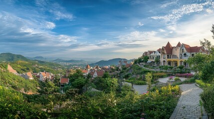 Naklejka premium Scenic View of Mountain Village with Houses and Landscape