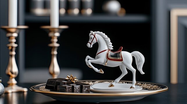 Charming vintage white rocking horse figurine adorned with red and silver accents amidst festive Christmas decorations