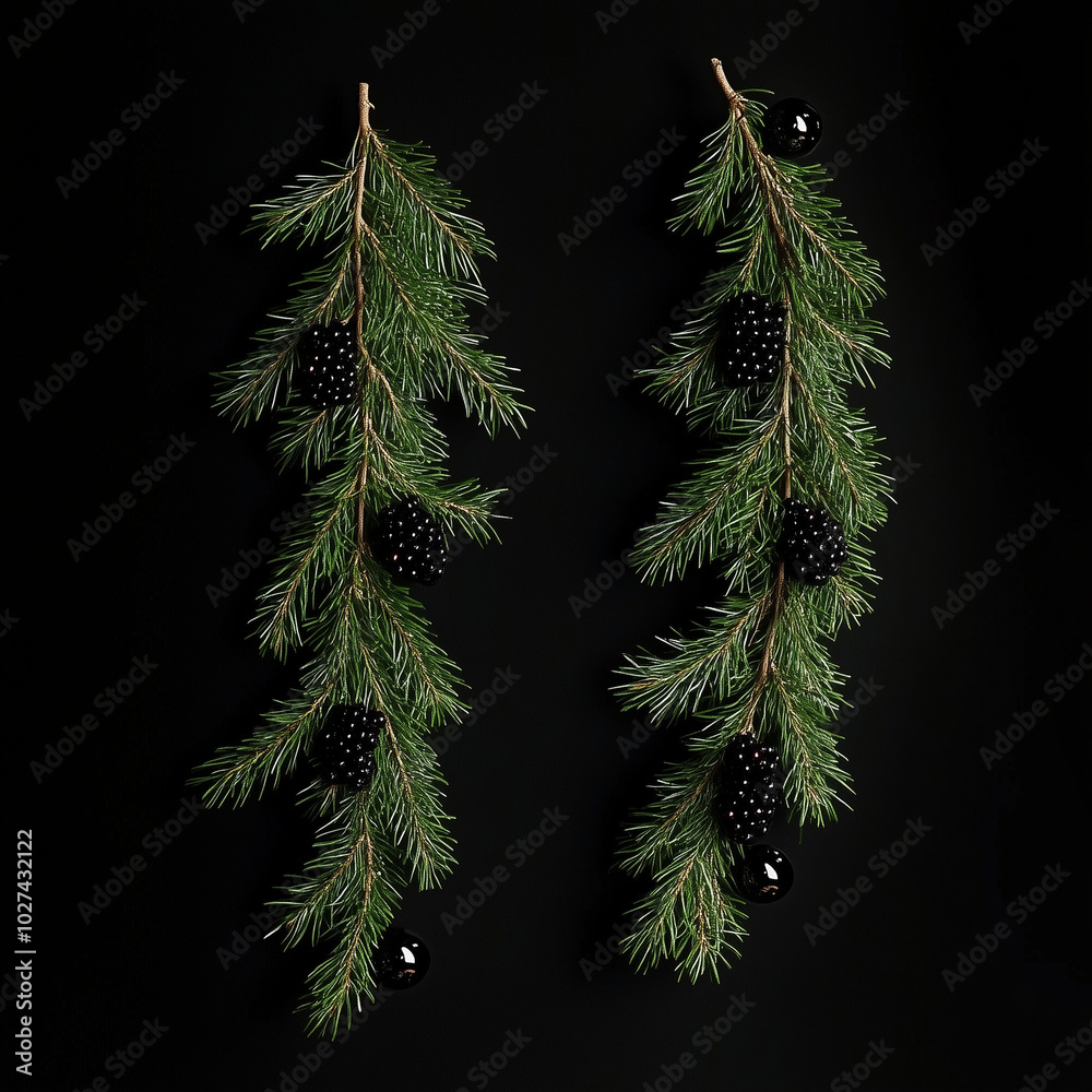 Wall mural small garlands of green christmas tree branches with blackberries and black glass balls, isolated ag