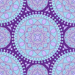 Seamless pattern with Indian floral ornament for fabric swatch or wrapping paper. Vector vivid abstract kaleidoscopic background