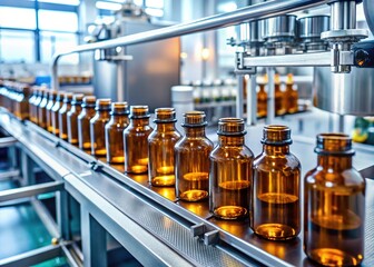 Rows of Medicine Bottles in Pharmaceutical Manufacturing Facility for Industry Production