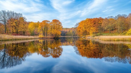 Obraz premium Stunning autumn landscape featuring colorful trees with golden leaves and a calm river reflecting the vibrant fall colors