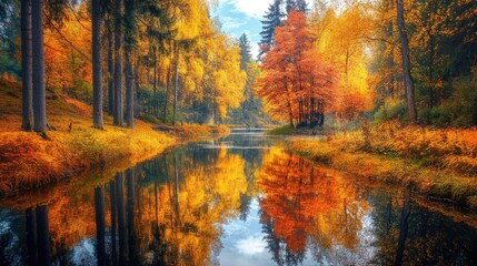 Stunning autumn landscape featuring colorful trees with golden leaves and a calm river reflecting the vibrant fall colors