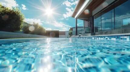 Captivating low angle view of a sparkling pool in a modern luxury home with bright sun reflections
