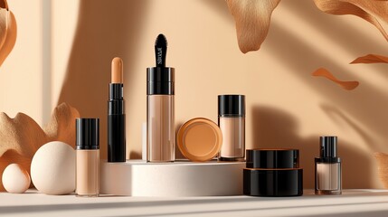 A collection of makeup products arranged on a white platform with a neutral background. The products include foundation, concealer, and a cream.