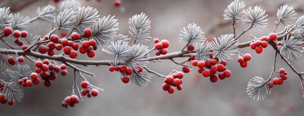 Enchanting frost-covered red berries on evergreen branches transform the winter landscape into a magical wonderland of nature's artistry