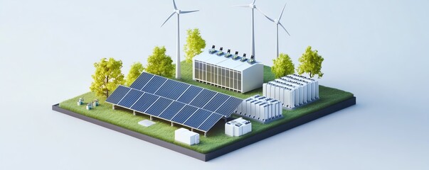 Isometric illustration of a sustainable energy system with solar panels, wind turbines, and battery storage units in a green environment.