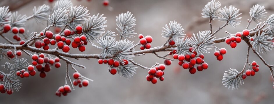 Enchanting frost-covered red berries on evergreen branches transform the winter landscape into a magical wonderland of nature's artistry - Powered by Adobe