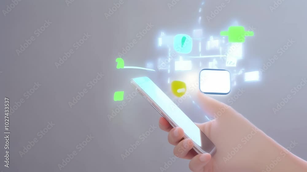 Poster Woman is holding a smartphone and using social media applications with notification icons, symbolizing the concept of social networking and online communication