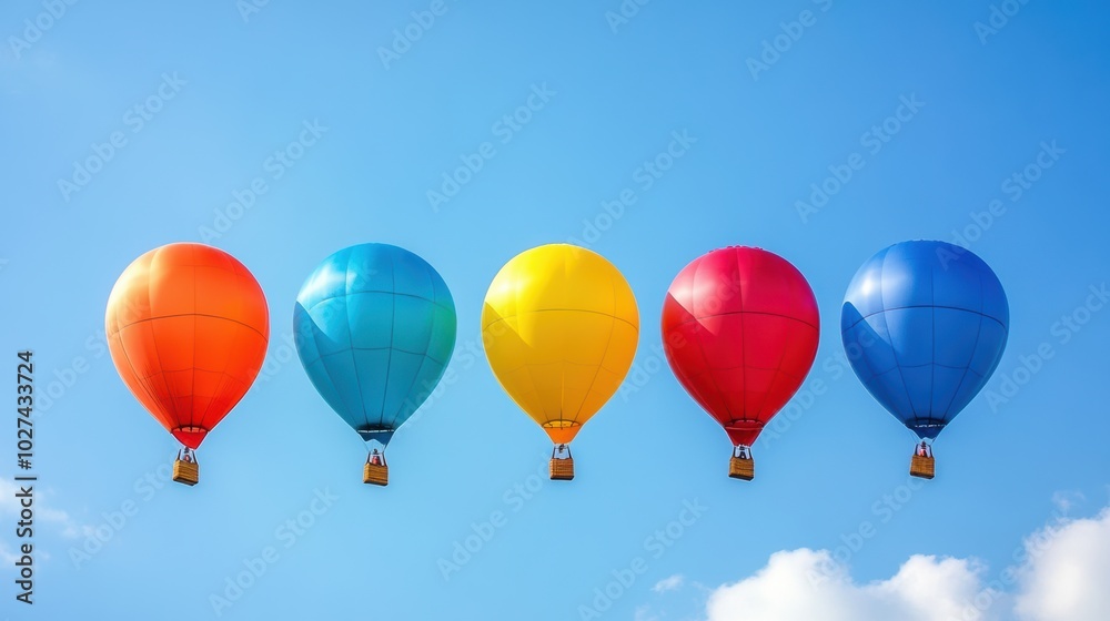 Poster five colorful balloons rise against a bright blue sky, adding joy and vibrancy to the serene atmosph