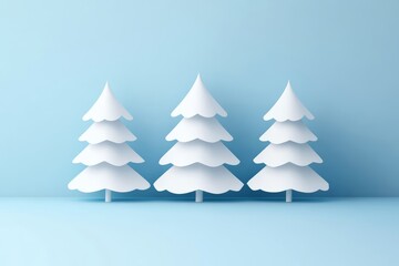 Fototapeta premium Three elegant white Christmas trees are arranged harmoniously against a calming blue backdrop, creating a peaceful winter ambiance