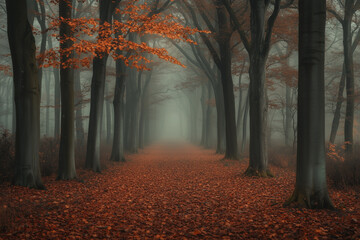 Fototapeta premium Misty Autumn Forest in Early Morning with Fog and Fallen Leaves