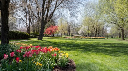 Obraz premium A beautiful springtime park with trees full of blossoms, lush green grass, and colorful flowers blooming in every direction