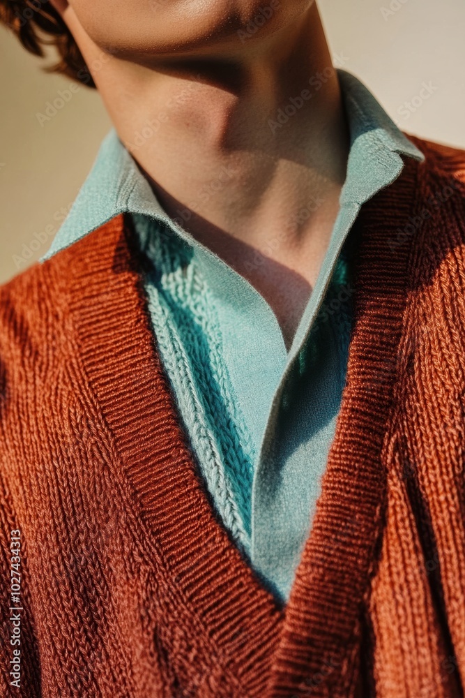 Poster Portrait Style: Close-up of a person wearing a textured brown sweater over a light blue collared shirt, ideal for fashion and lifestyle content.