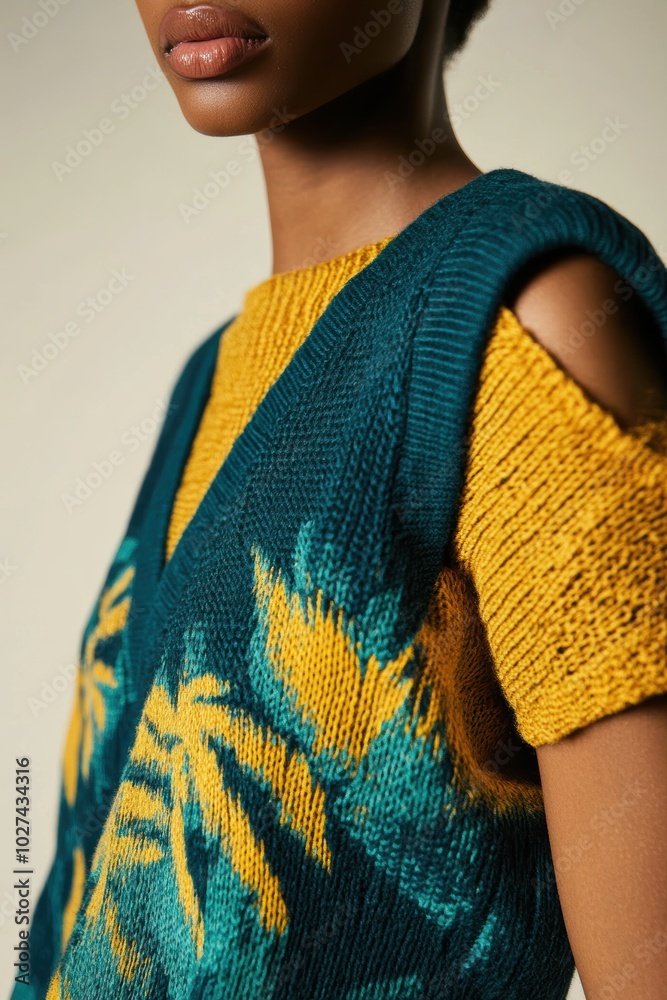 Poster Fashion Detail: A Close-Up of Vibrant Knitted Sweater Featuring Green and Yellow Patterns, Perfect for Apparel Promotion