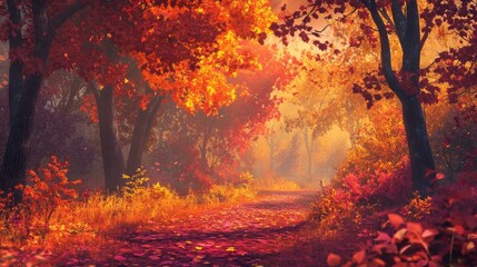 A peaceful autumn forest with vibrant leaves in red, orange, and yellow, creating a path of fallen leaves under the glowing sky