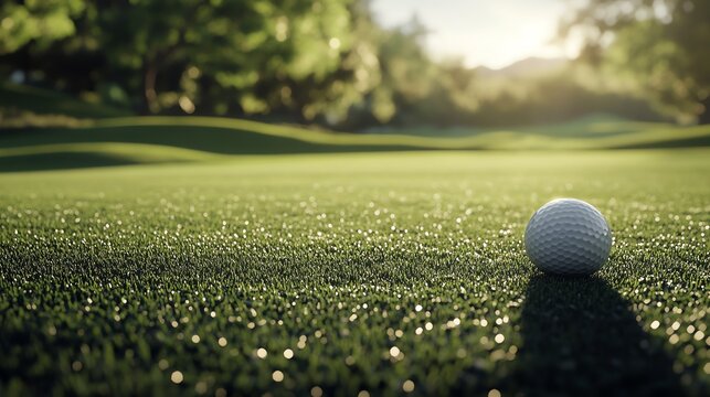A golf ball sits on a lush green fairway, bathed in the warm glow of the setting sun.