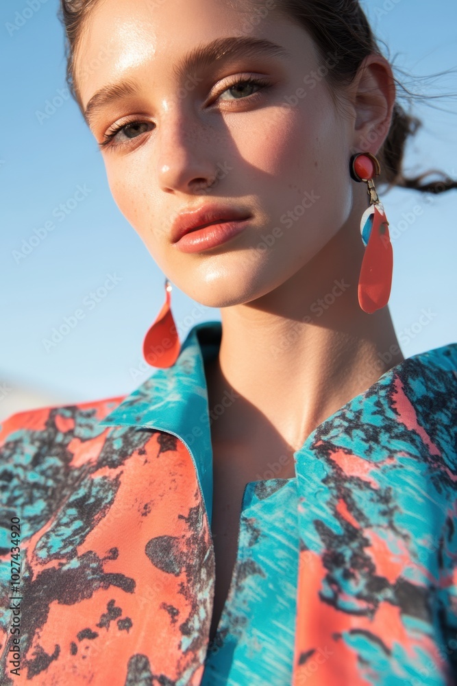 Wall mural Fashion Portrait: A young woman in colorful attire with vibrant earrings against a bright sky, perfect for style promotion.