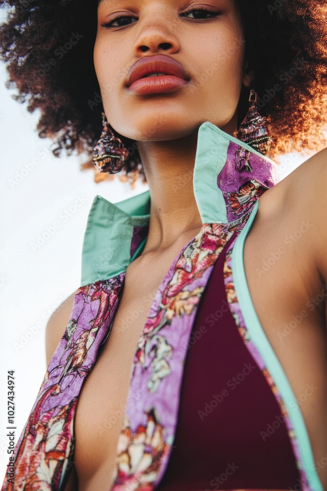 Canvas Prints Fashion Portrait: A model showcasing a vibrant, multicolored outfit against a bright sky, ideal for style inspiration and editorial use.