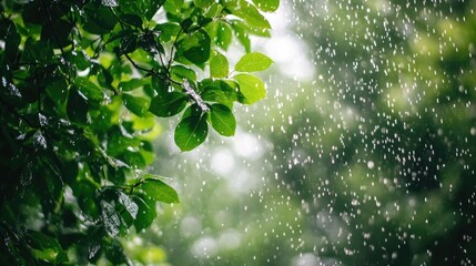 A peaceful rain-soaked forest with vibrant green leaves, gentle raindrops falling, and a soft gray sky above