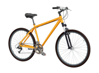 Orange bicycle, side front view. Black leather saddle and handles. Png clipart isolated on transparent background